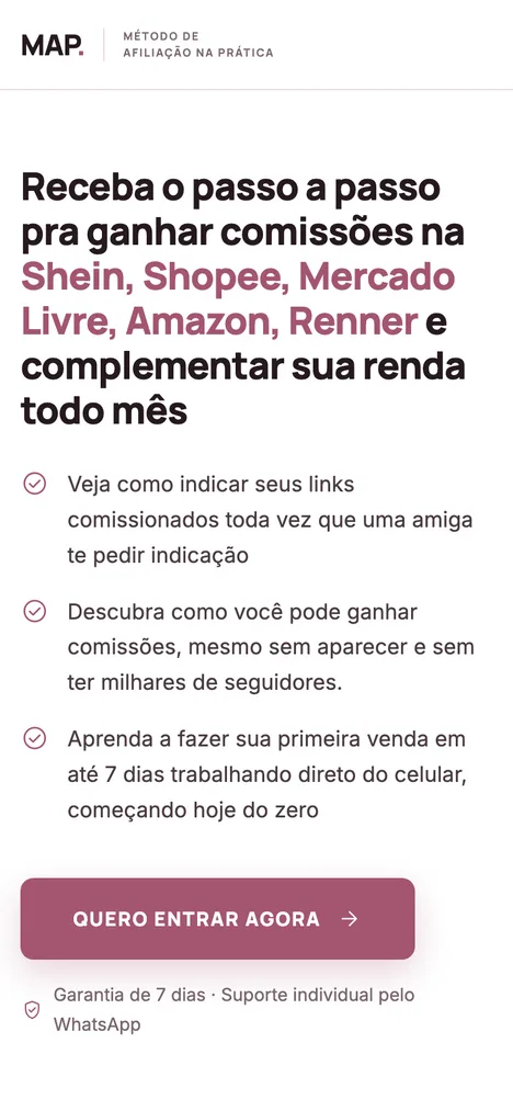 Página de uma mentoria de afiliação, versão para celular