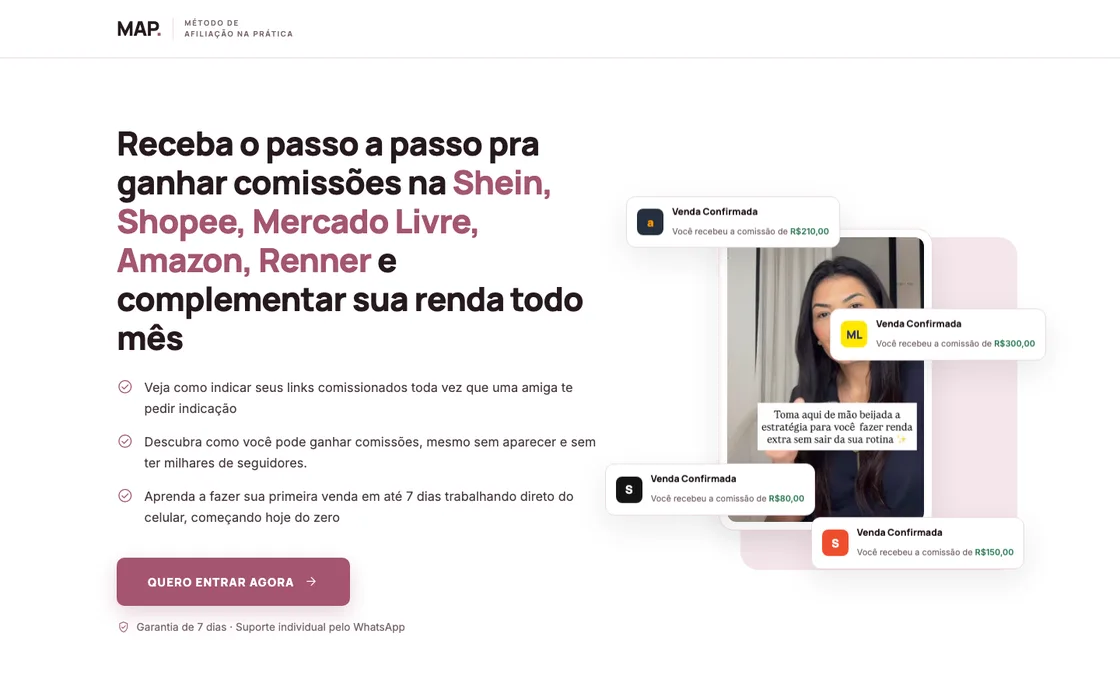Página de uma mentoria de afiliação, versão para computador